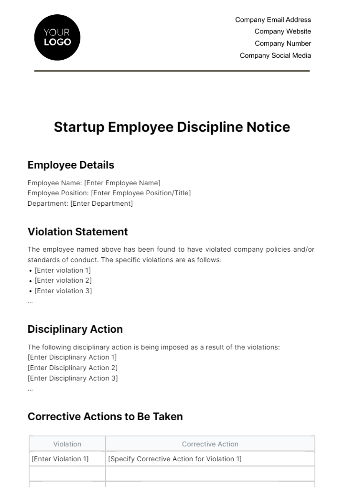 Startup Employee Discipline Notice Template