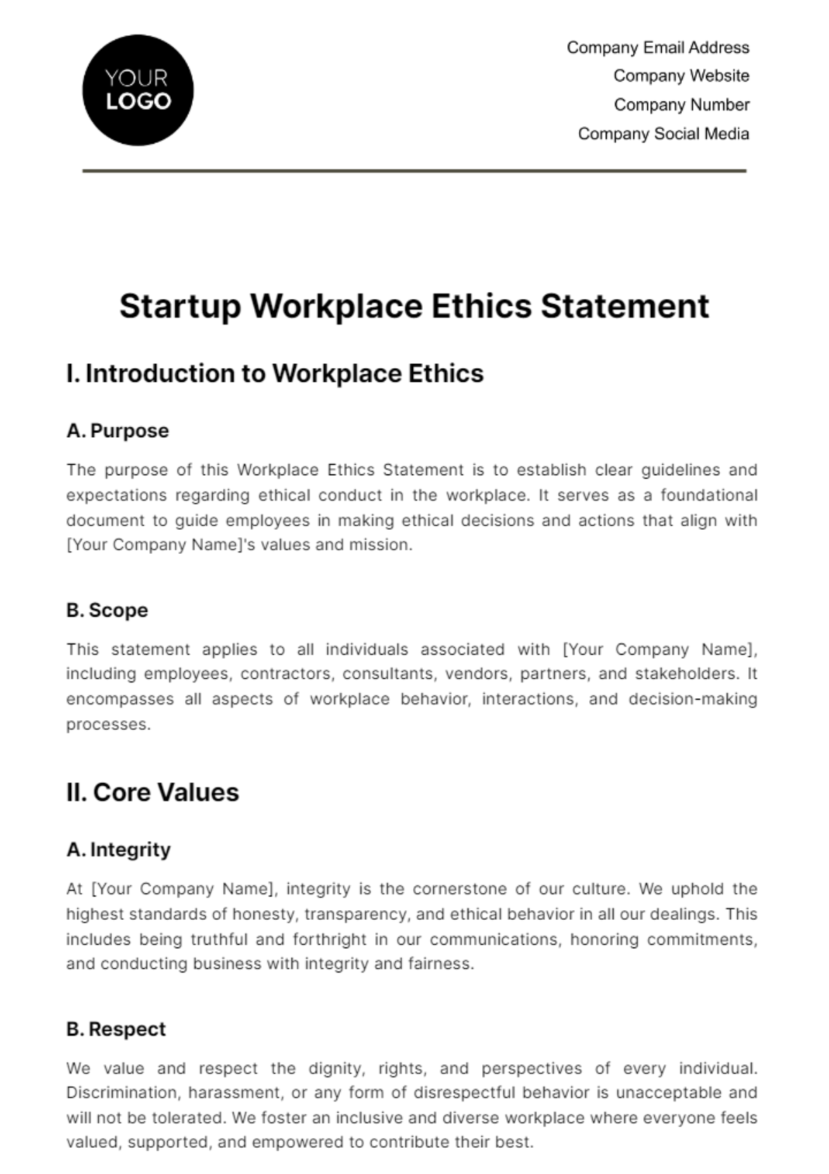 Free Startup Workplace Ethics Statement Template