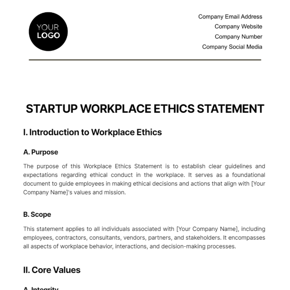 Startup Workplace Ethics Statement Template - Edit Online & Download ...