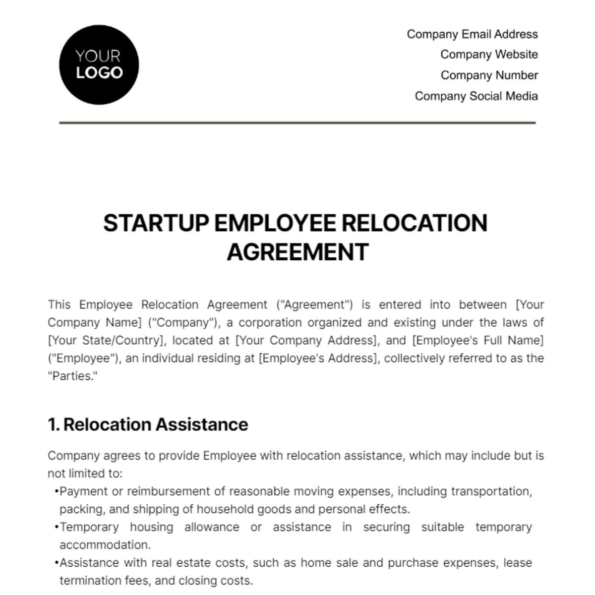 Startup Employee Relocation Agreement Template - Edit Online & Download