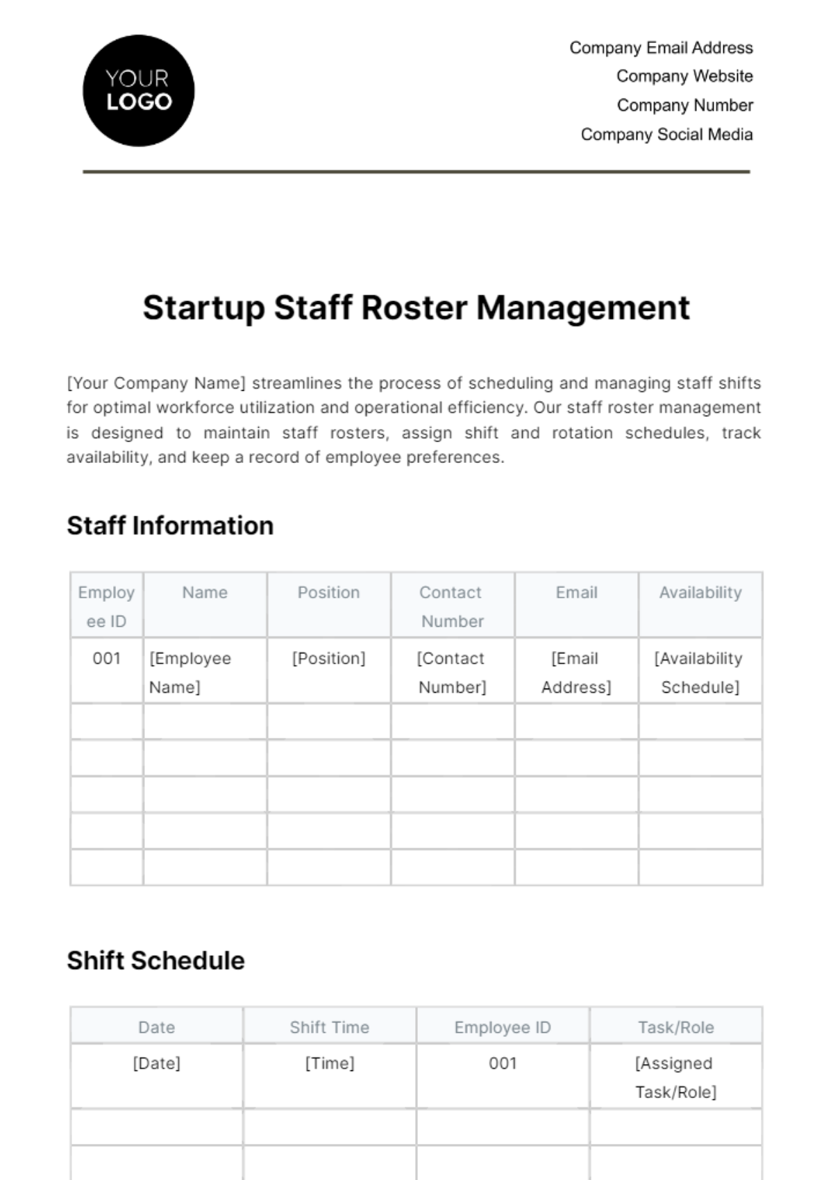 Free Startup Staff Roster Management Template