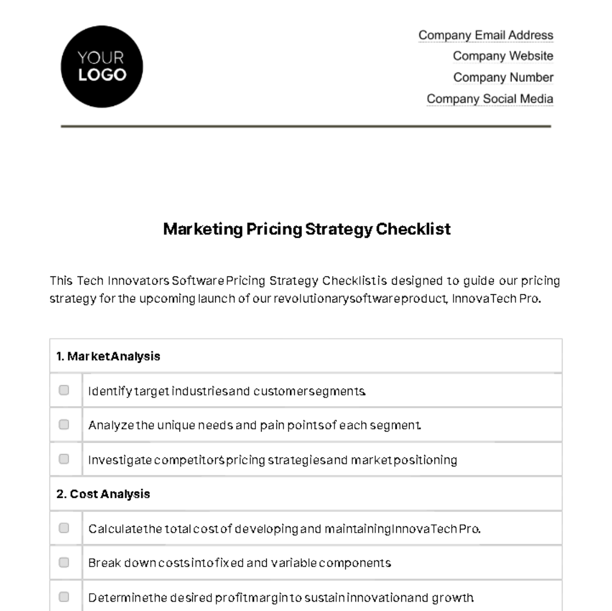 Marketing Pricing Strategy Checklist Template