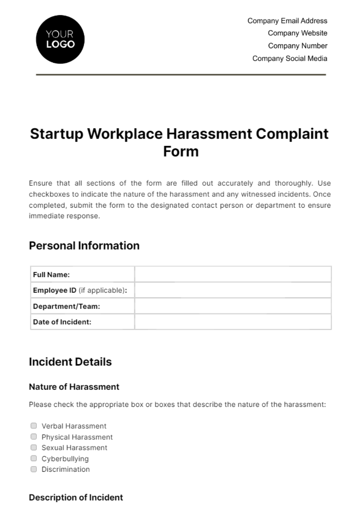 Free Startup Workplace Harassment Complaint Form Template
