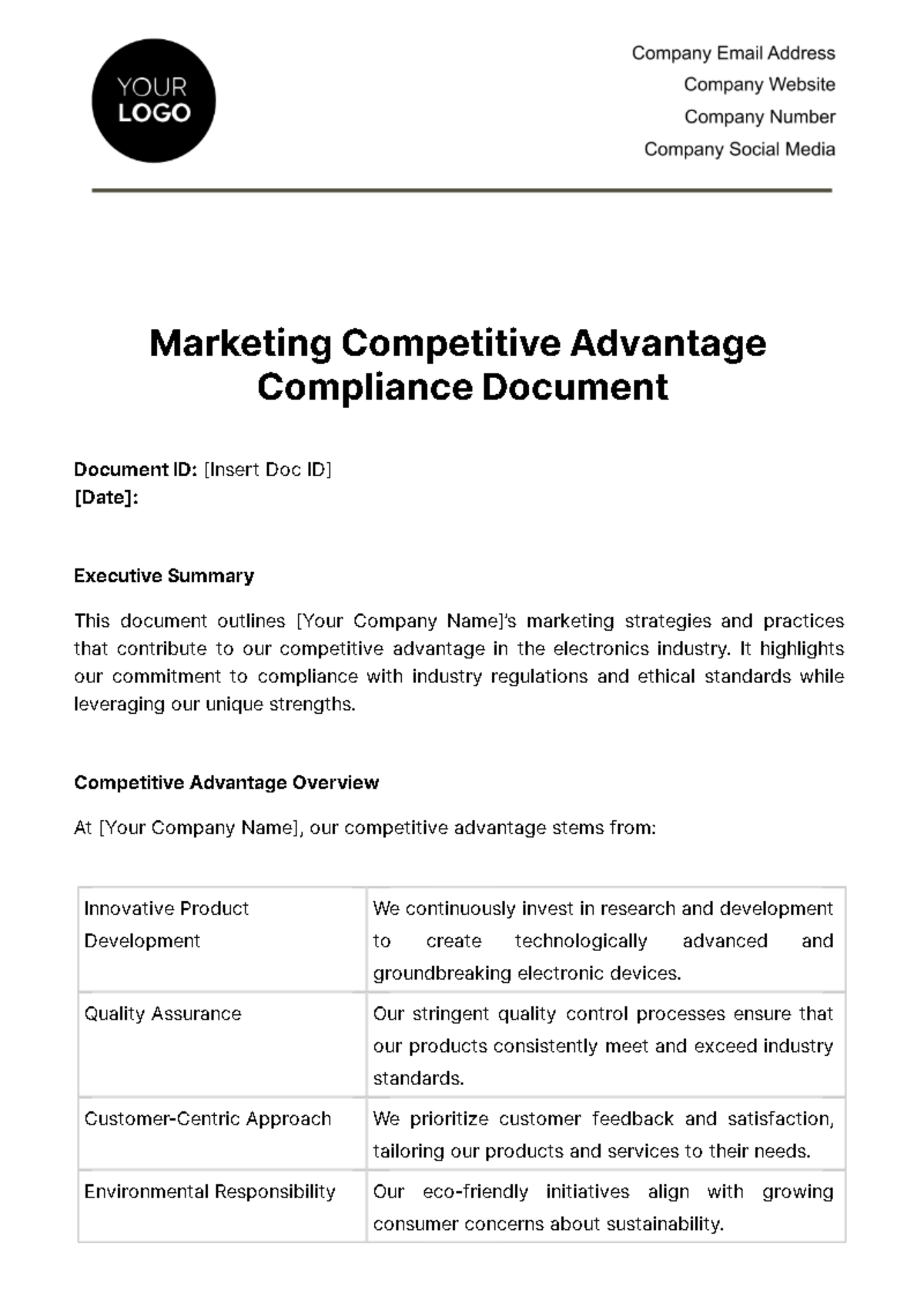 Marketing Competitive Advantage Compliance Document Template