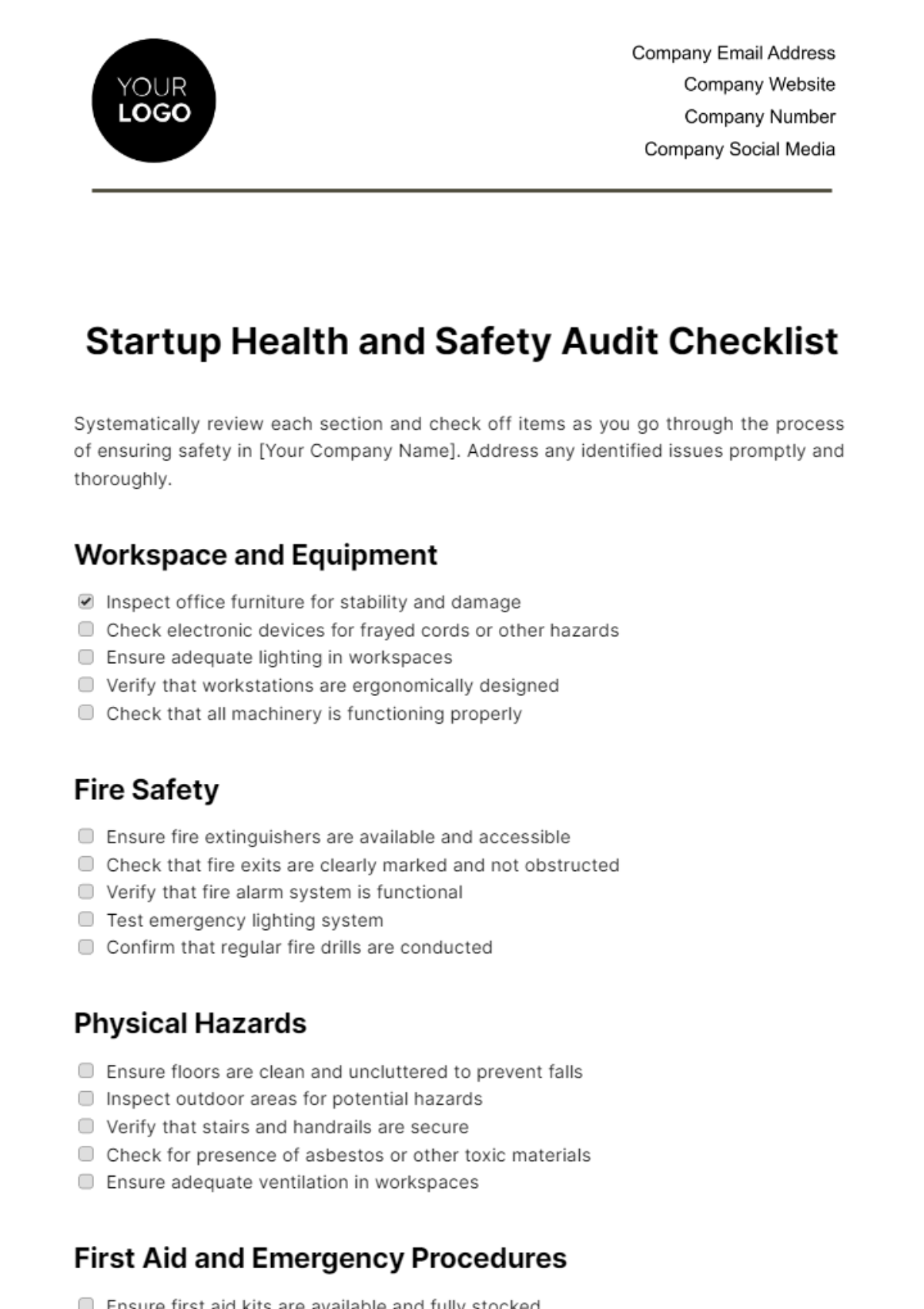 Free Startup Health and Safety Audit Checklist Template