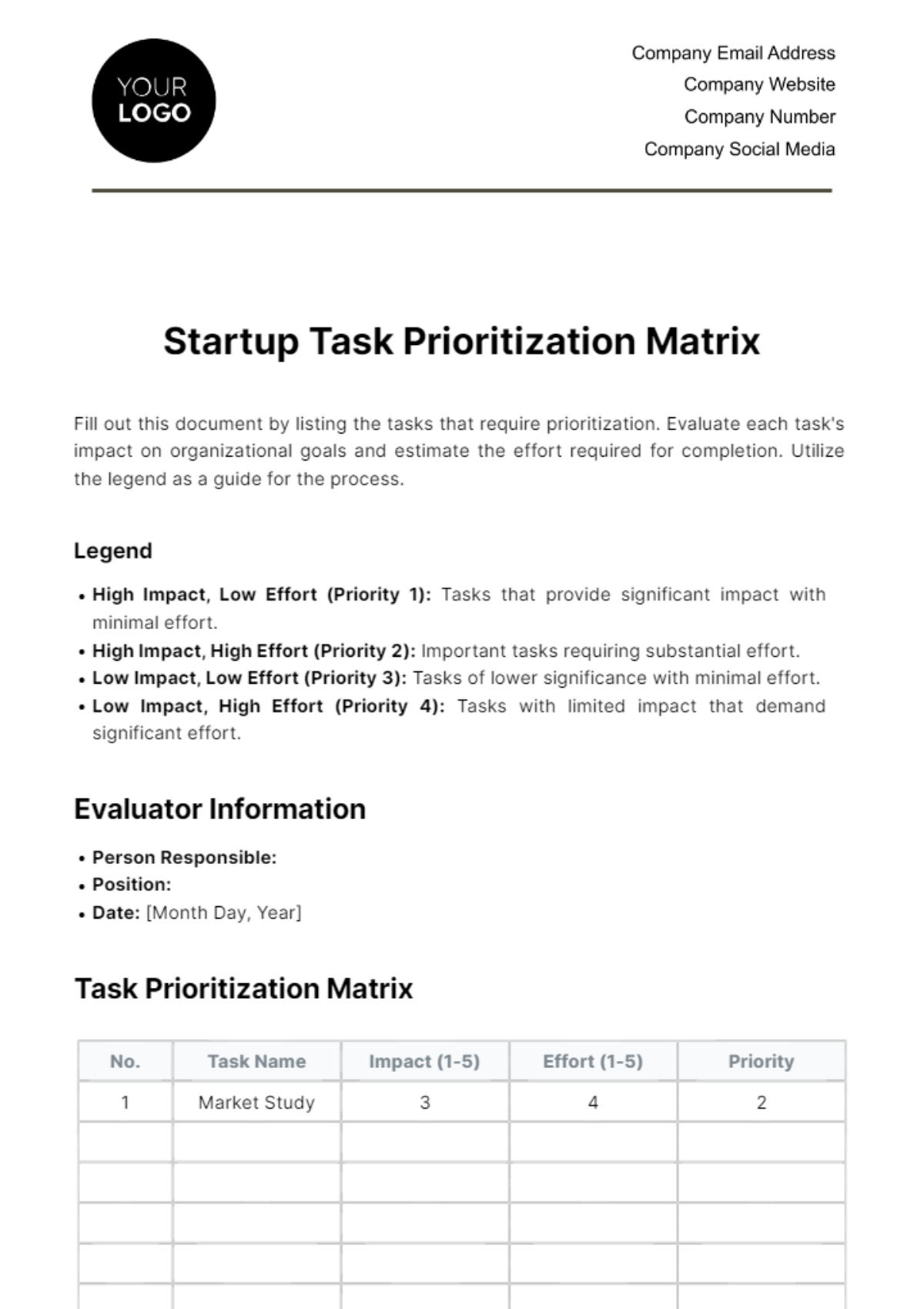 Startup Task Prioritization Matrix Template