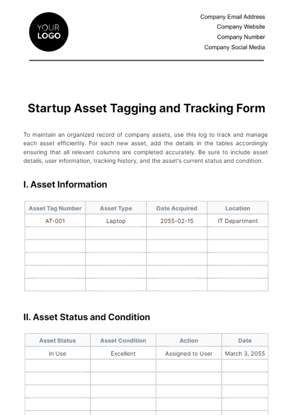 Startup Asset Tagging and Tracking Form Template