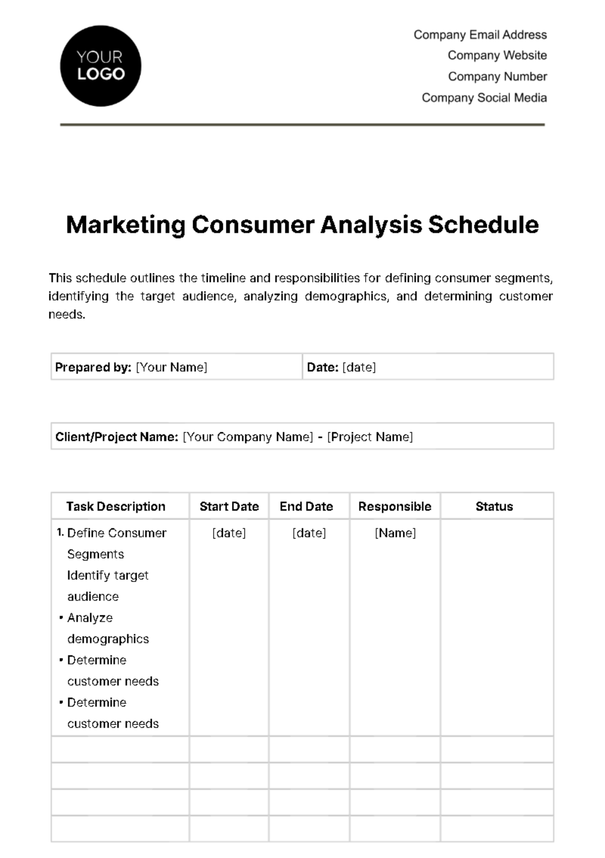 Marketing Consumer Analysis Schedule Template