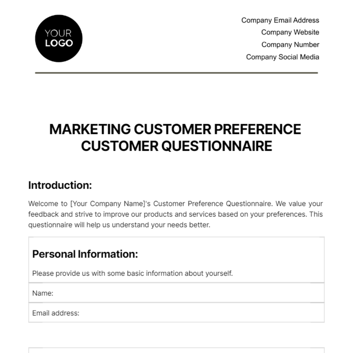 Marketing Customer Preference Questionnaire Template