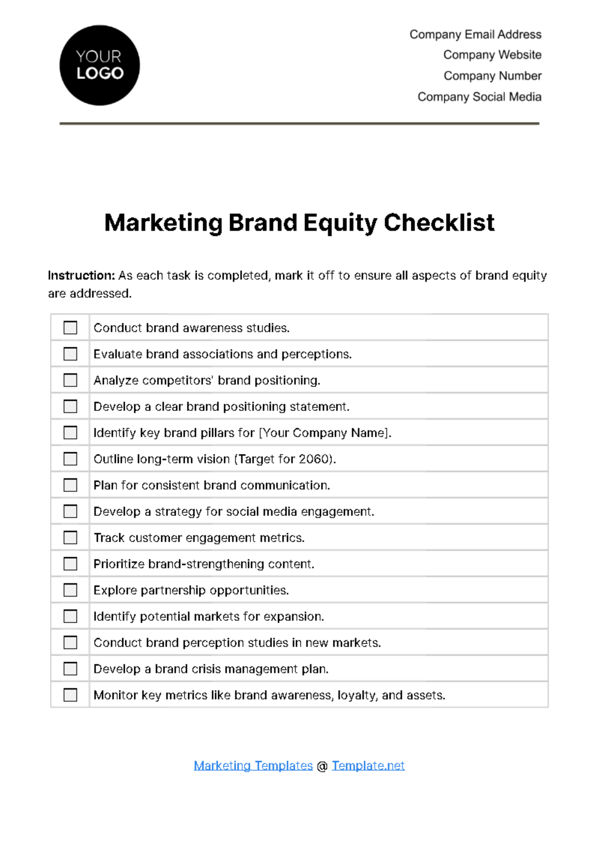 Marketing Brand Equity Checklist Template