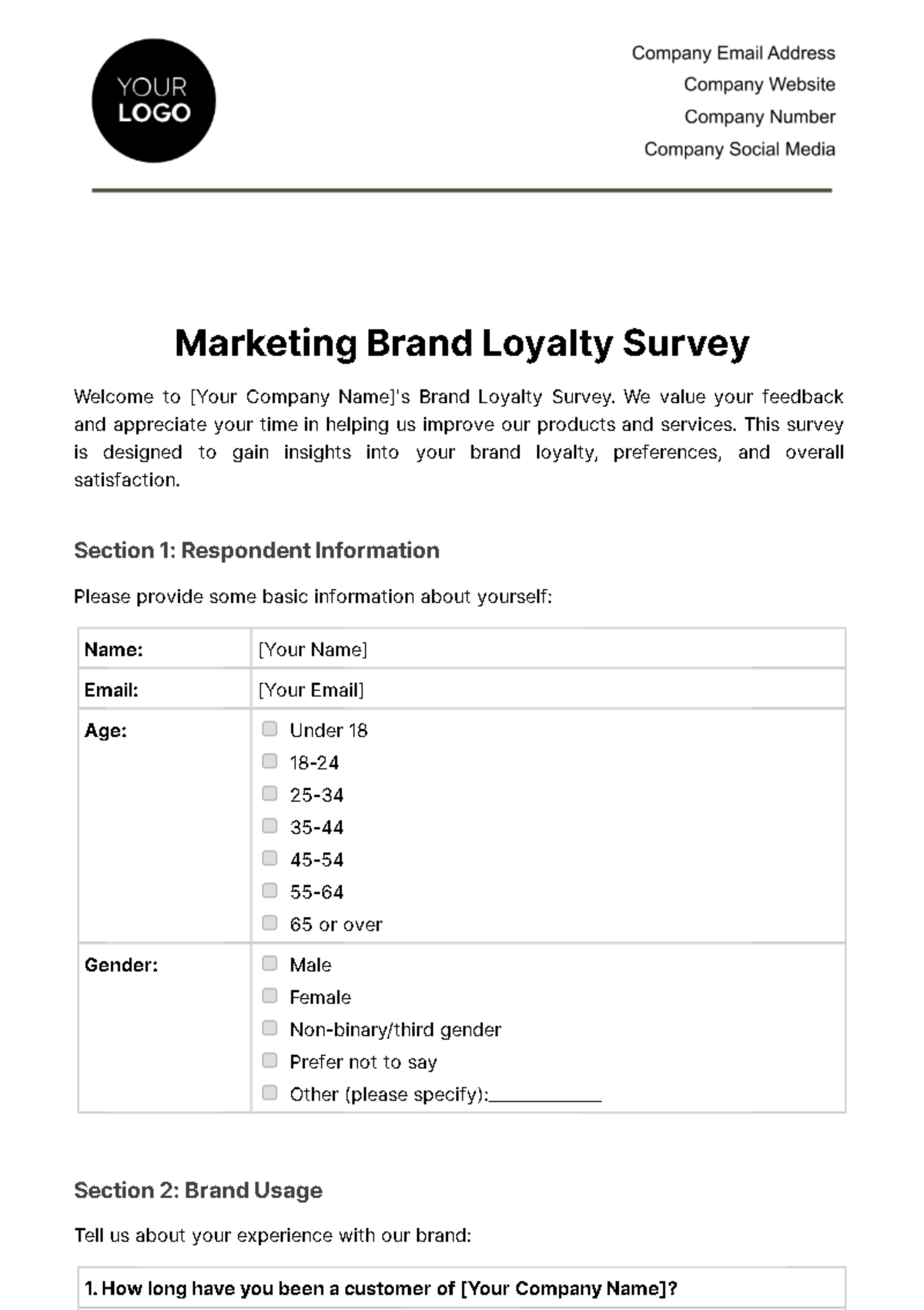 Marketing Brand Loyalty Survey Template