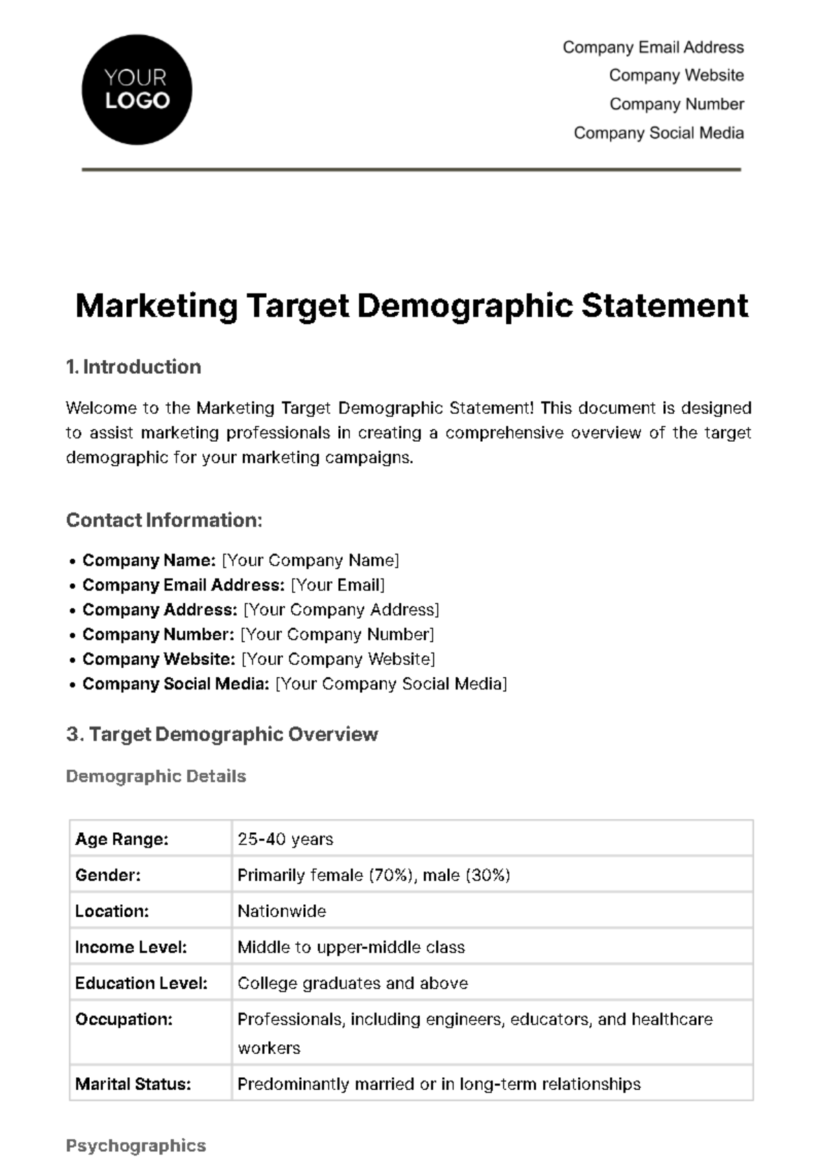 Free Marketing Target Demographic Statement Template