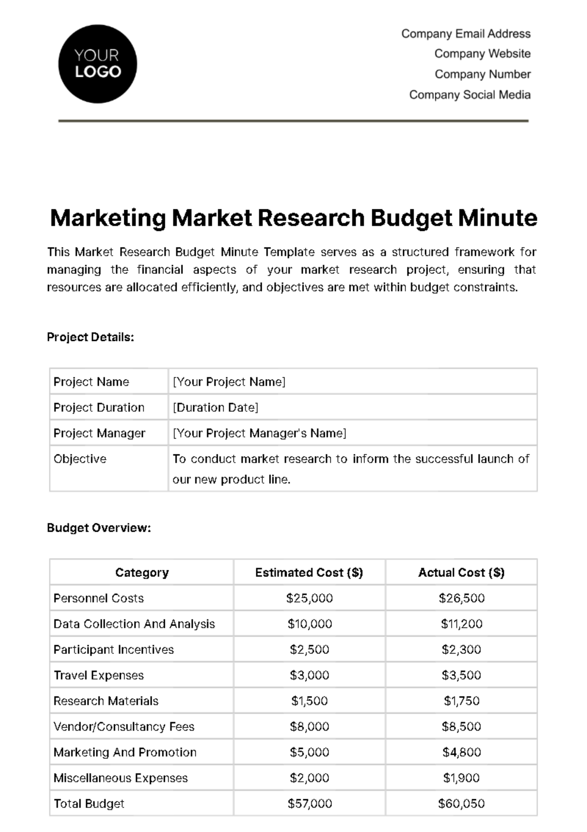 Market Research Budget Minute Template