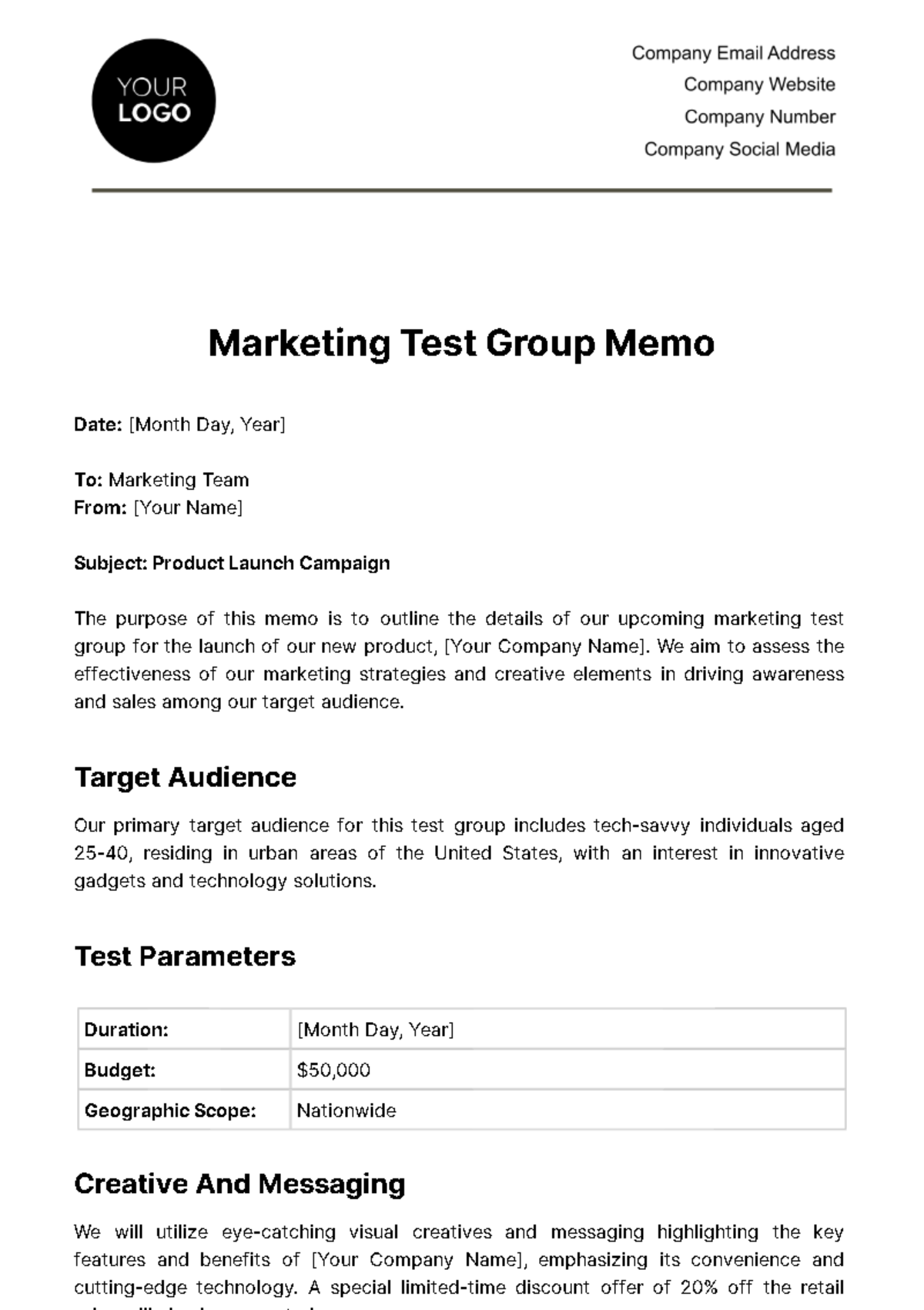 Marketing Test Group Memo Template