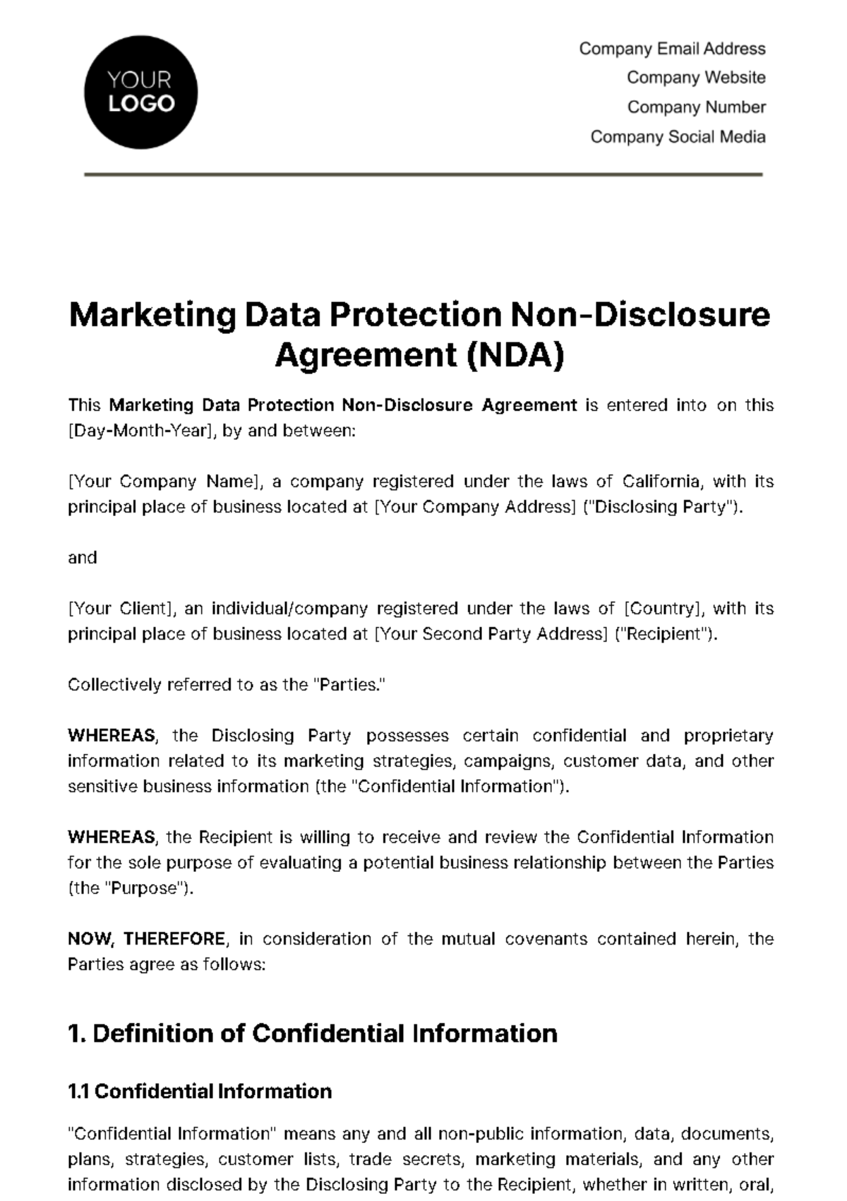Marketing Data Protection NDA Template