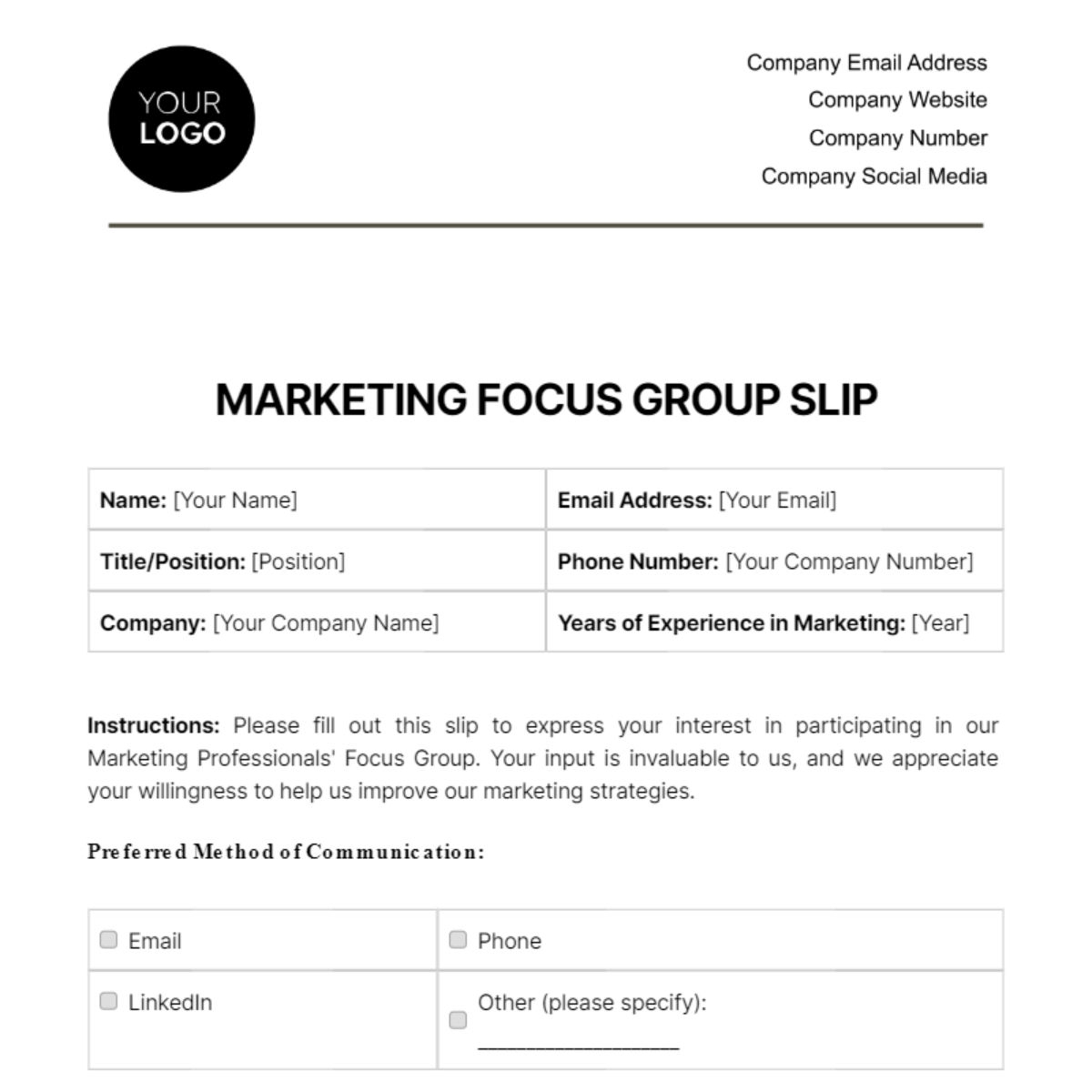 Marketing Focus Group Slip Template