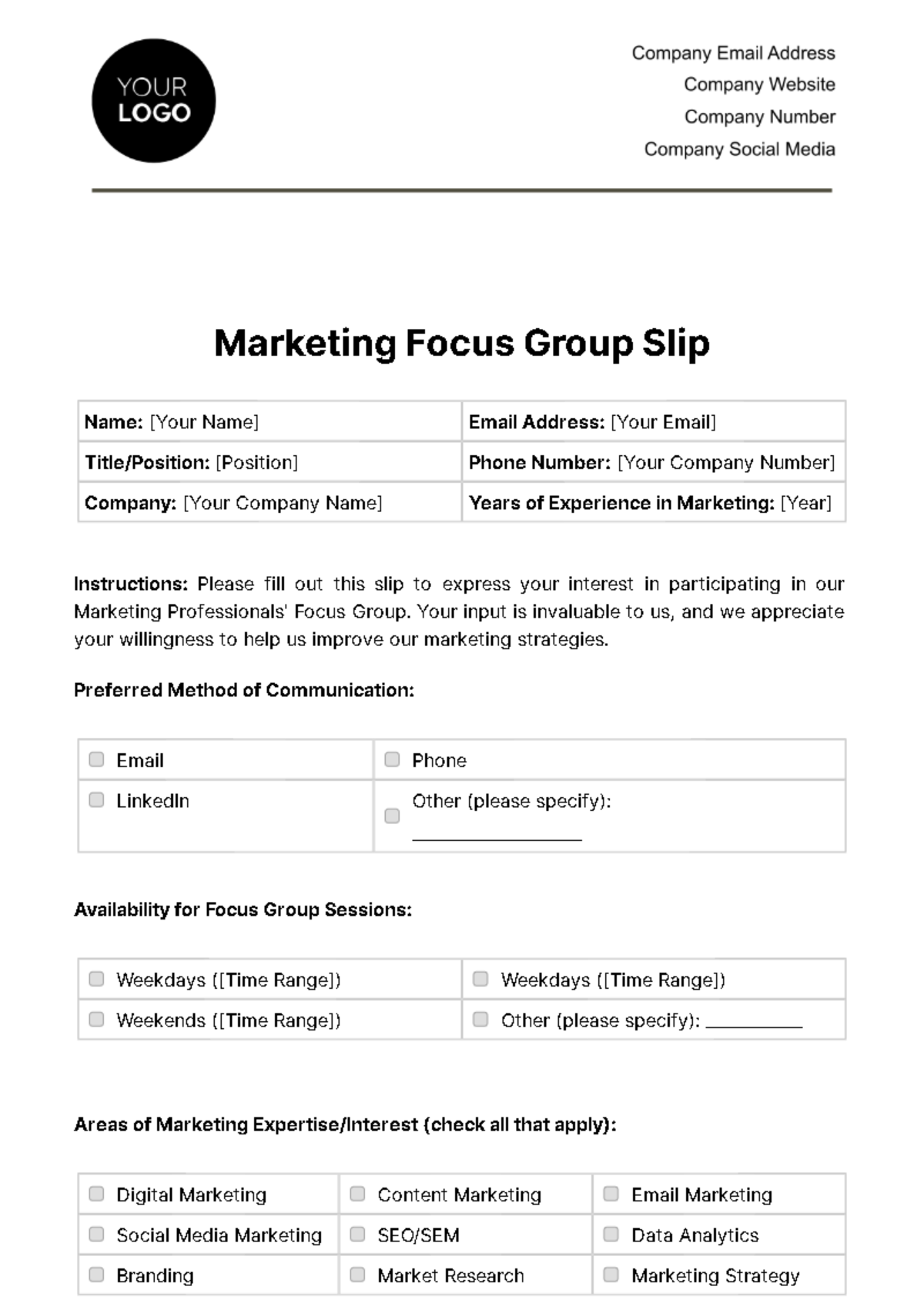 Marketing Focus Group Slip Template