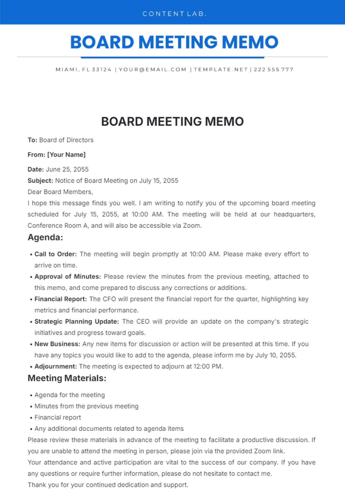 Board Meeting Memo Template