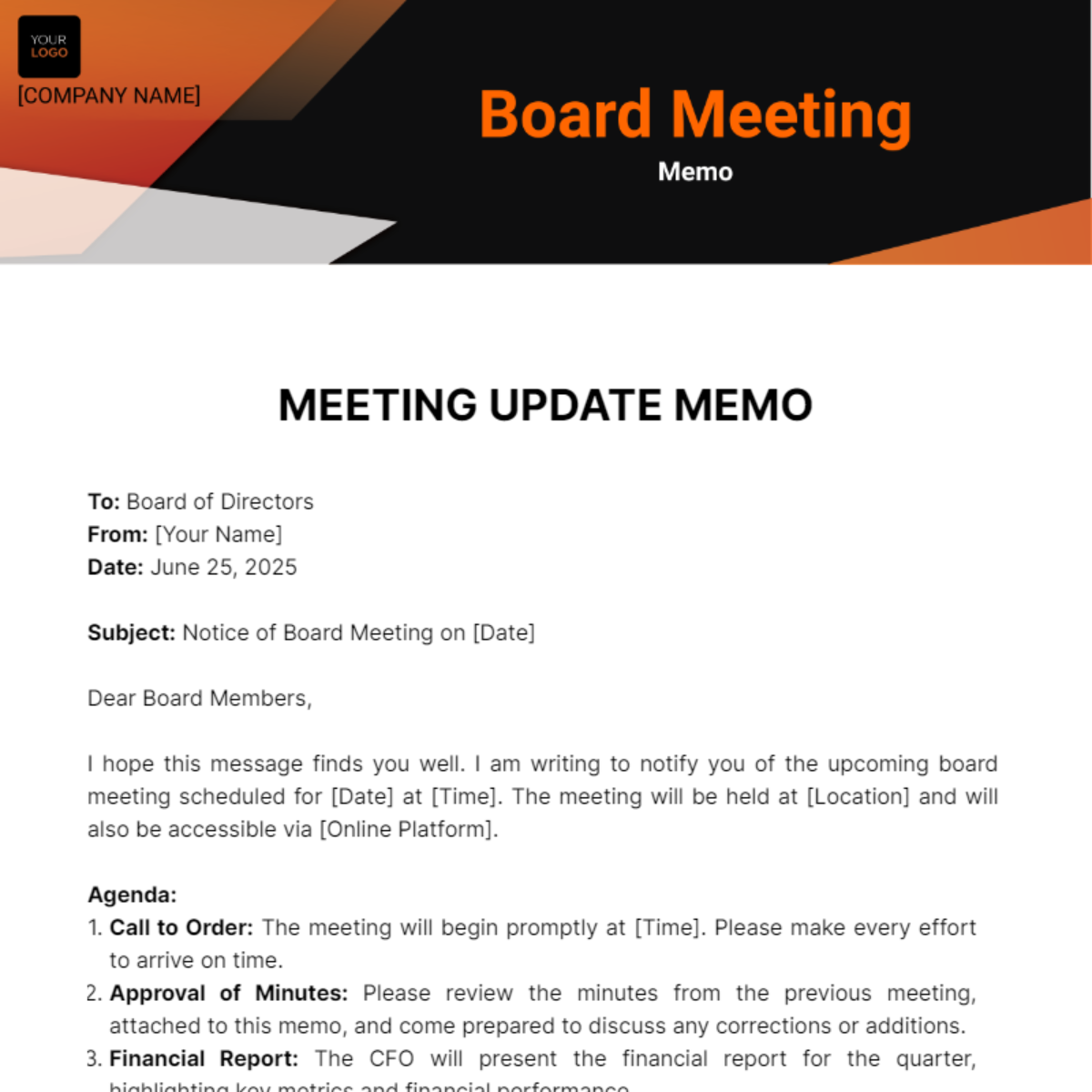 Board Meeting Memo Template