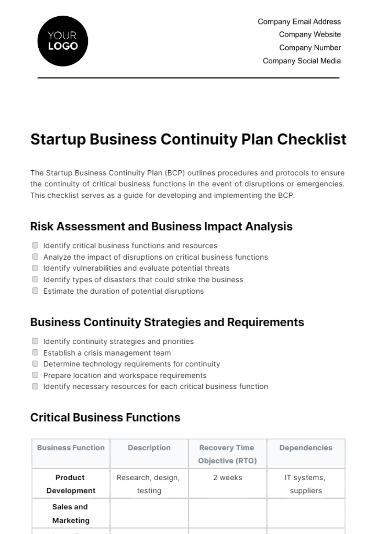 Startup Business Continuity Plan Checklist Template