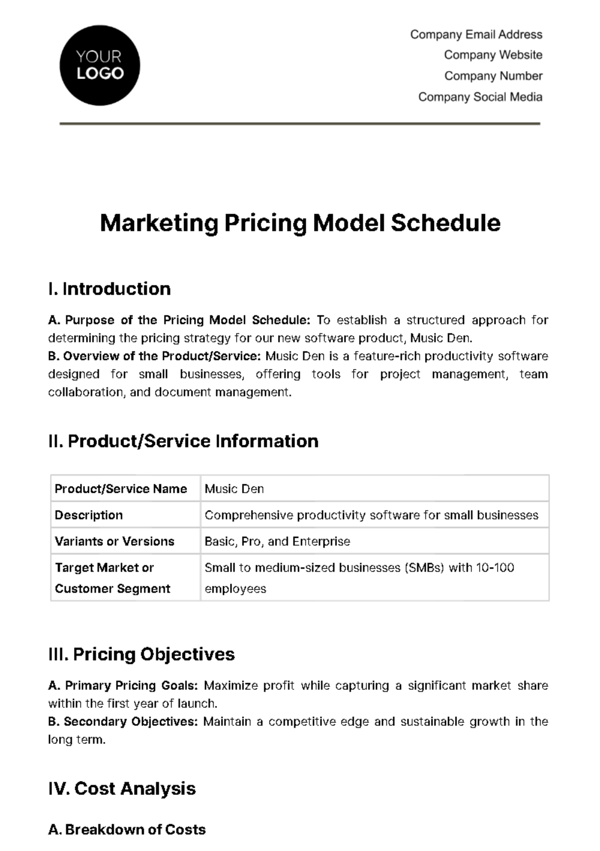 Free Marketing Pricing Model Schedule Template