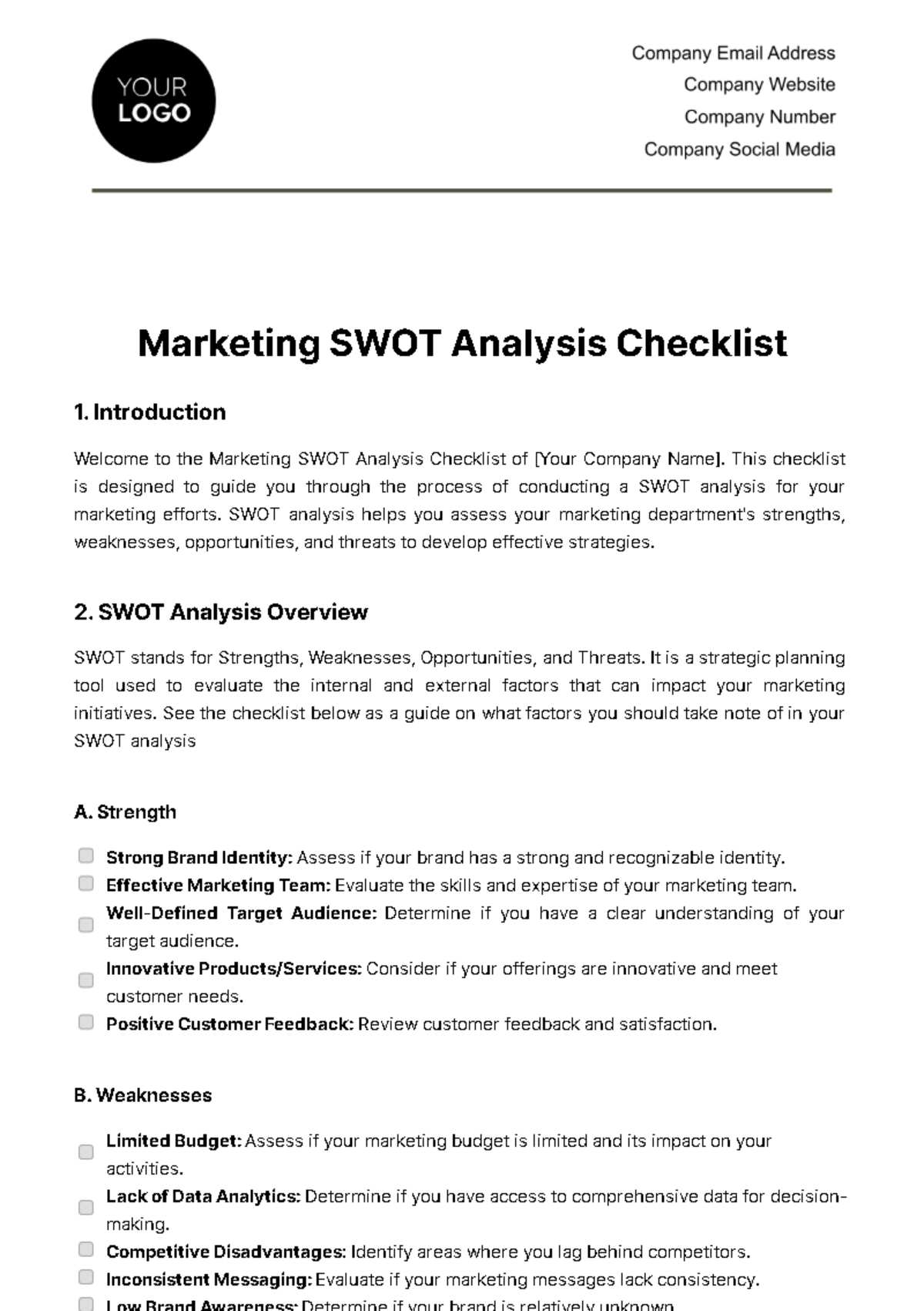 Free Marketing SWOT Analysis Checklist Template