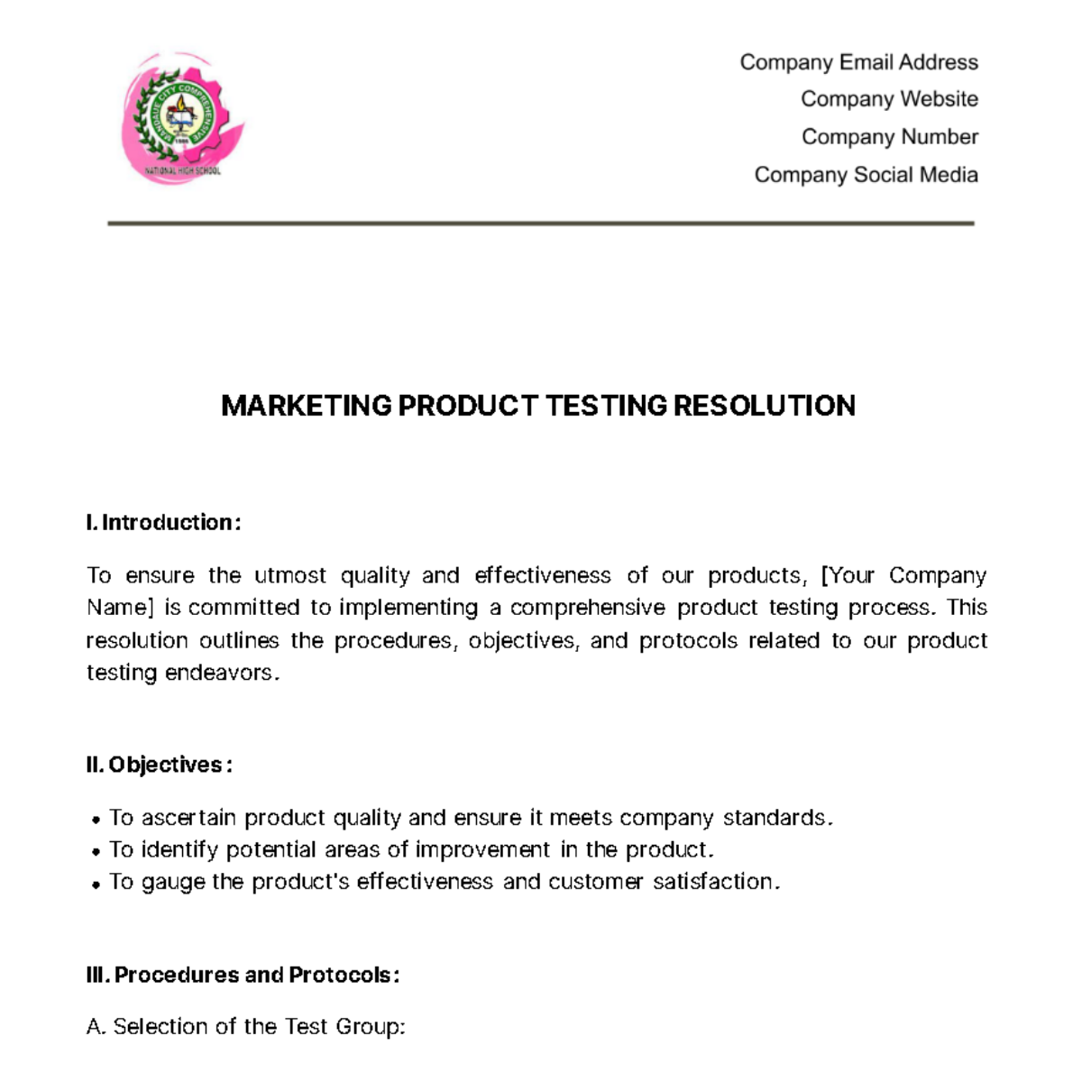 Marketing Product Testing Resolution Template