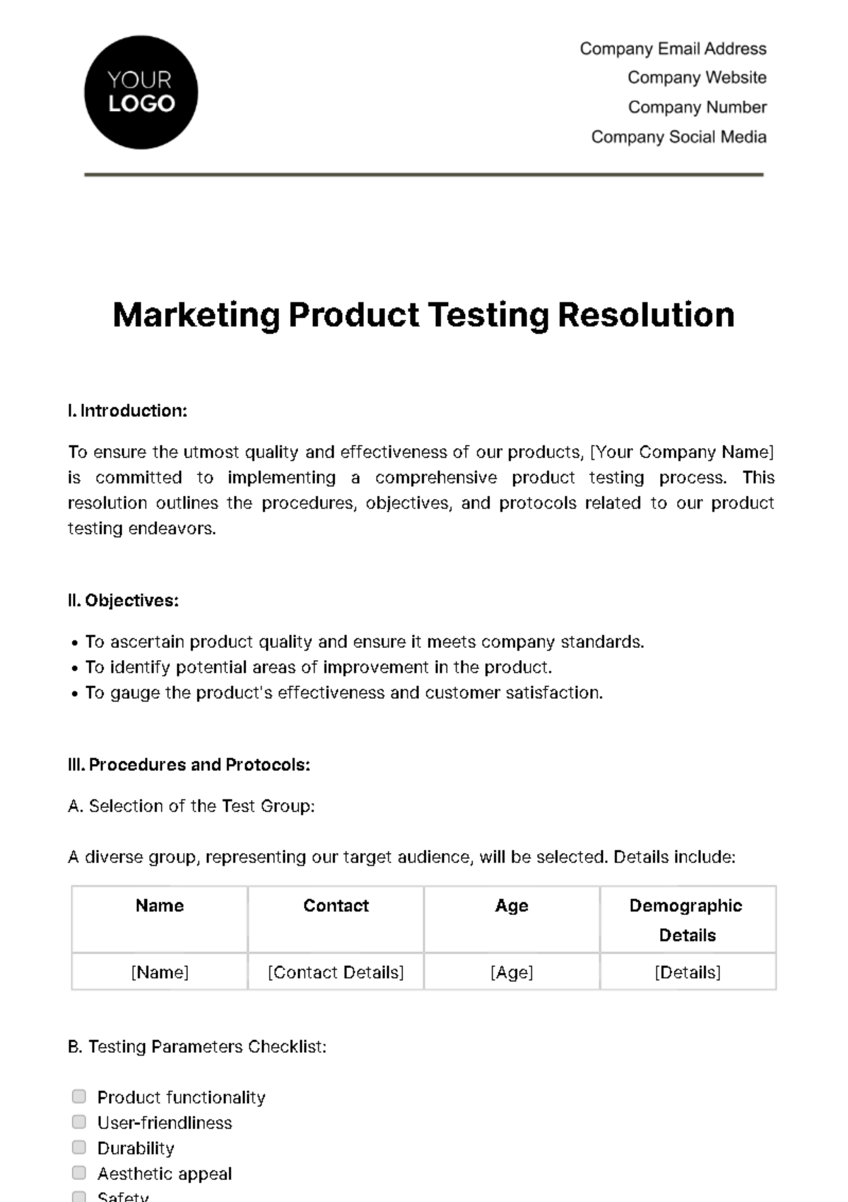 Free Marketing Product Testing Resolution Template