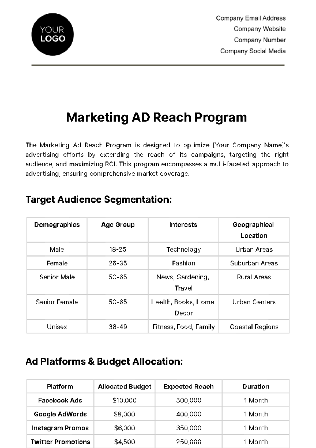 Free Marketing Ad Reach Program Template