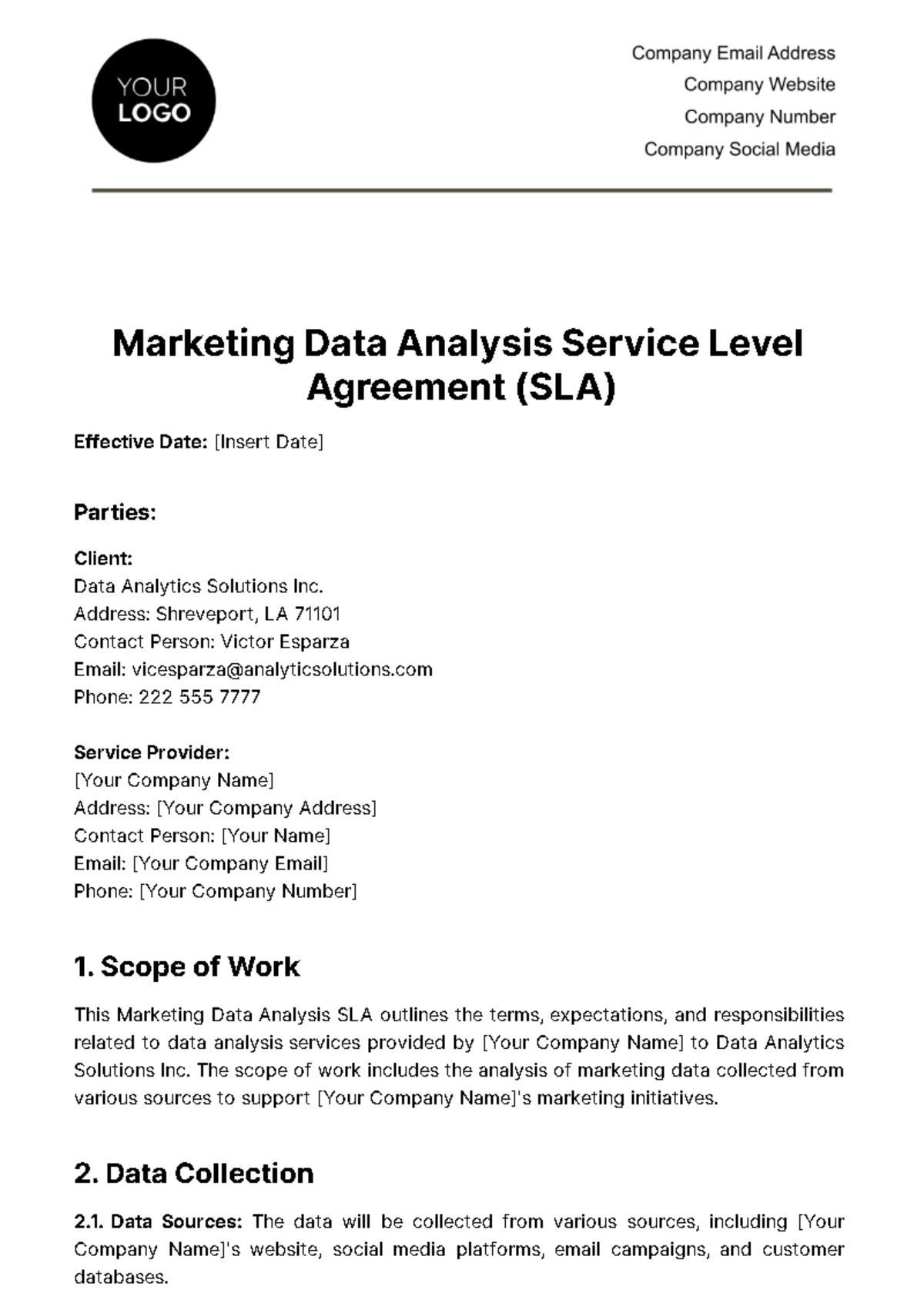 Free Marketing Data Analysis SLA Template