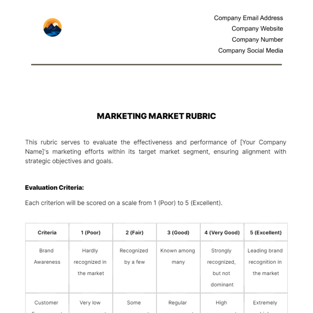 Marketing Market Rubric Template