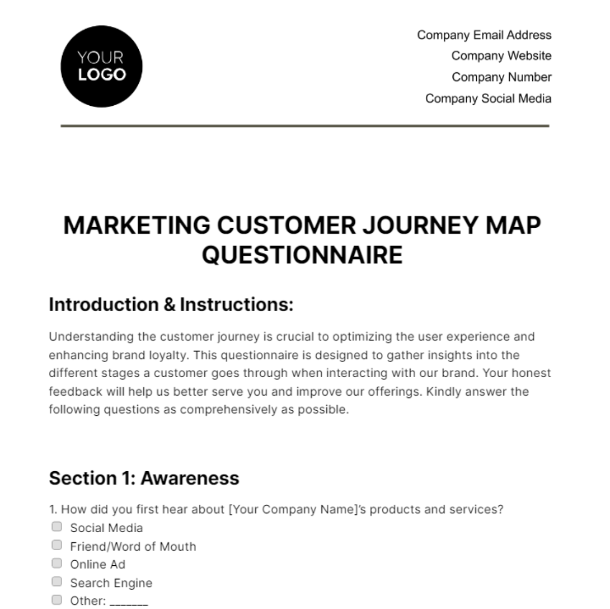 Marketing Customer Journey Map Questionnaire Template