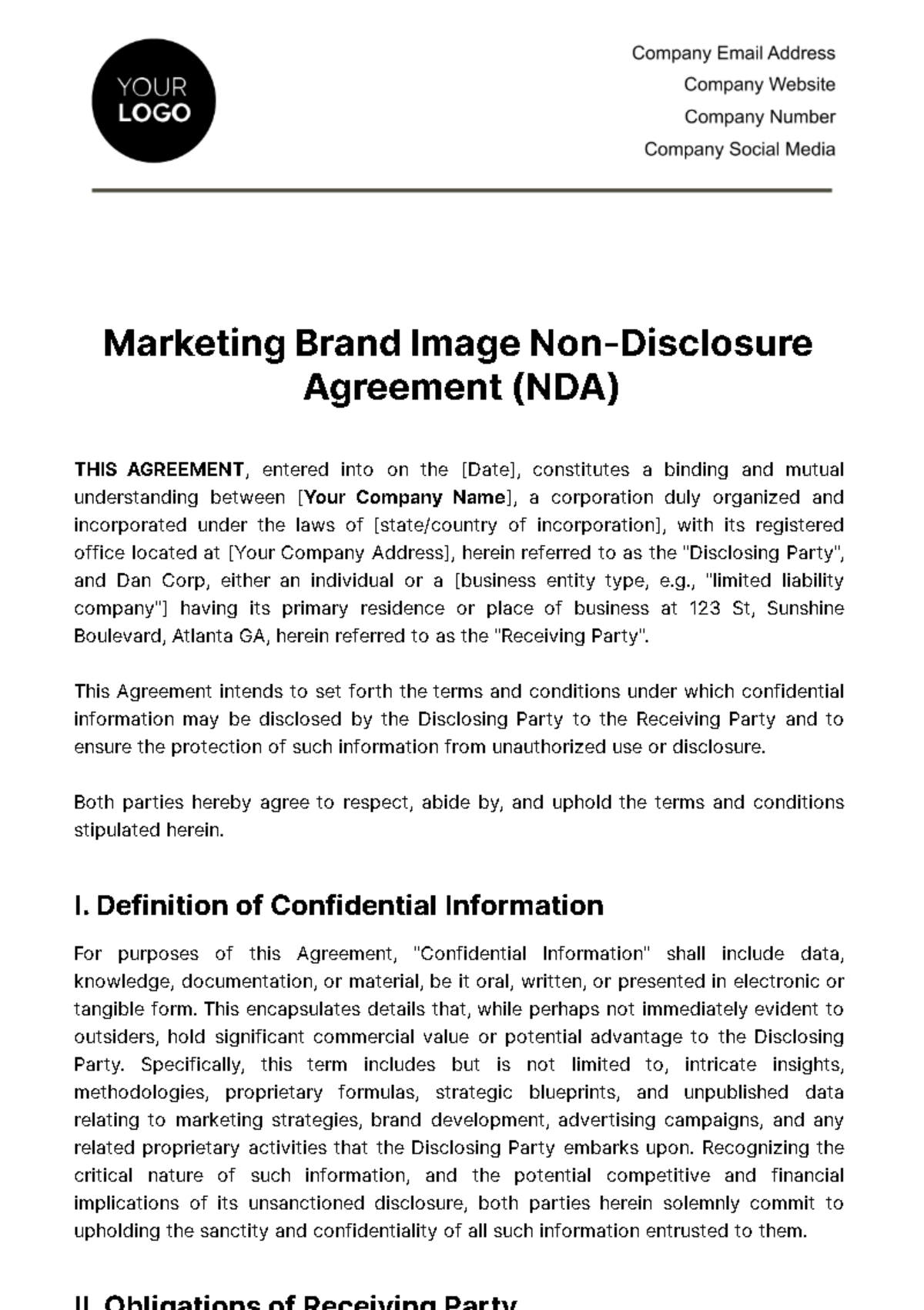 Marketing Brand Image NDA Template