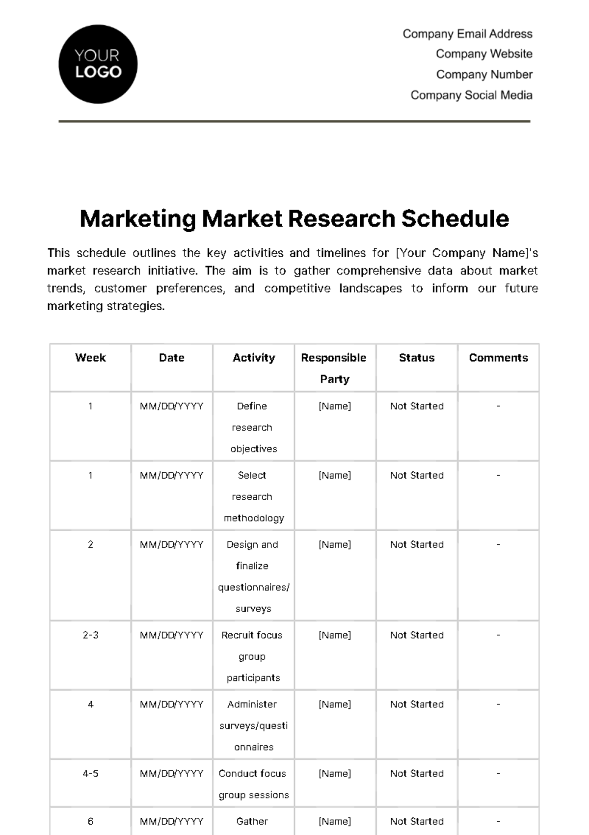 Marketing Market Research Schedule Template