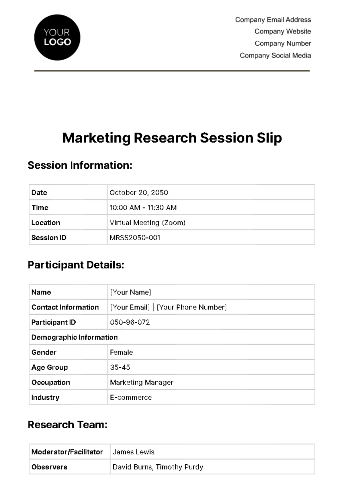 Marketing Research Session Slip Template