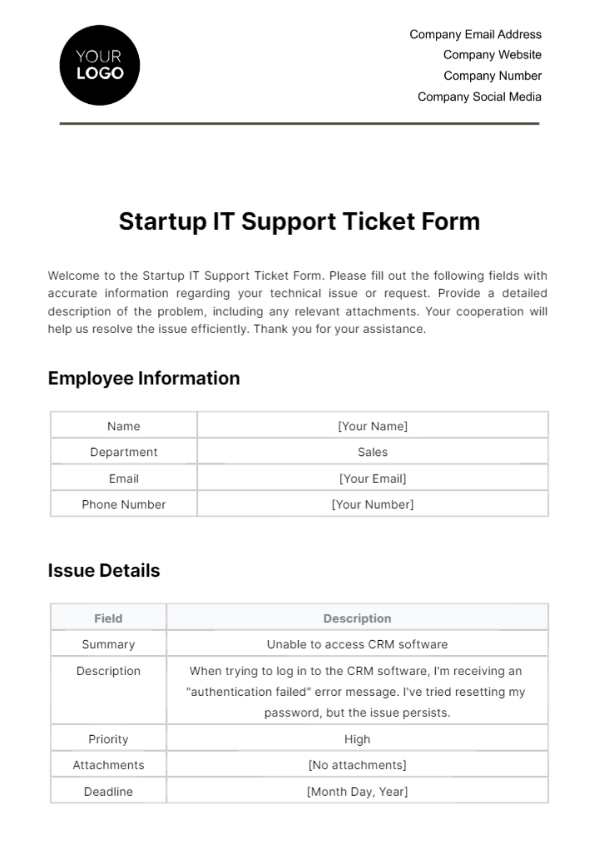 Free Startup IT Support Ticket Form Template