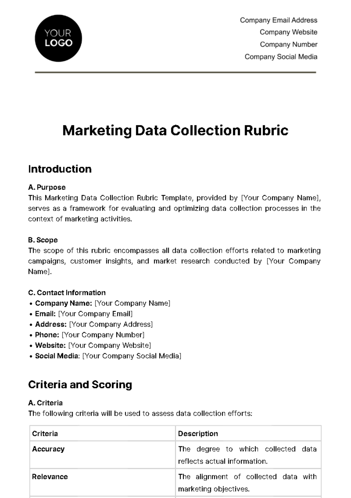 Free Marketing Data Collection Rubric Template