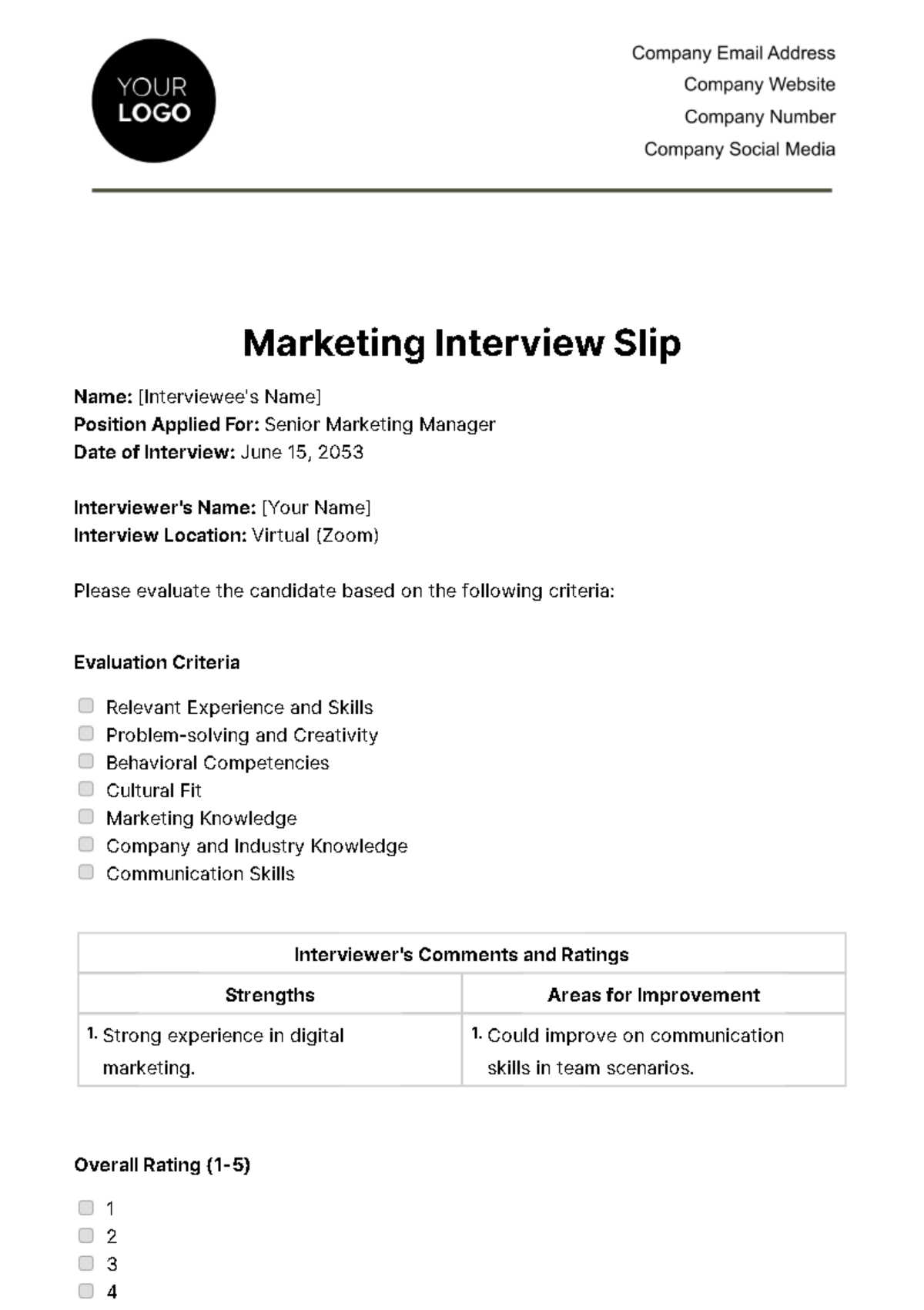 Marketing Interview Slip Template