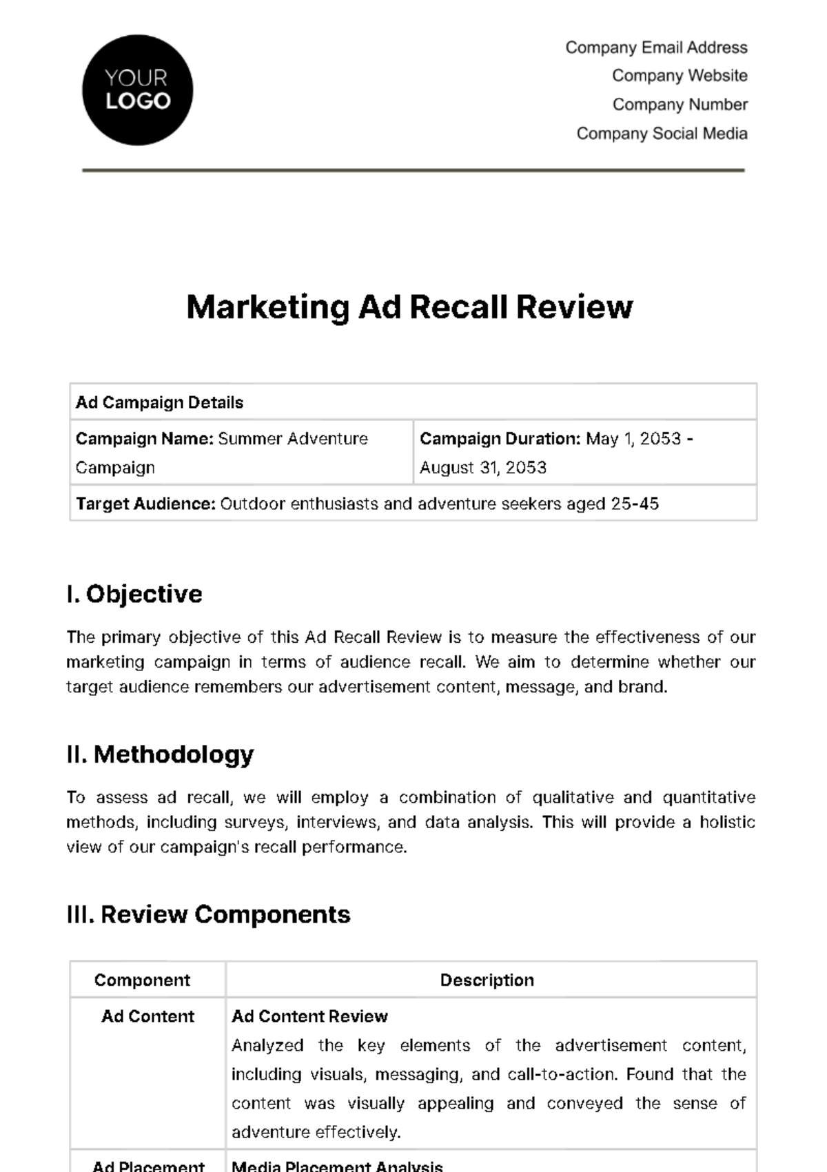 Free Marketing Ad Recall Review Template