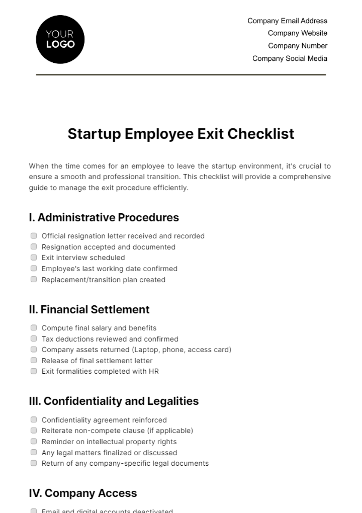 Free Startup Employee Exit Checklist Template