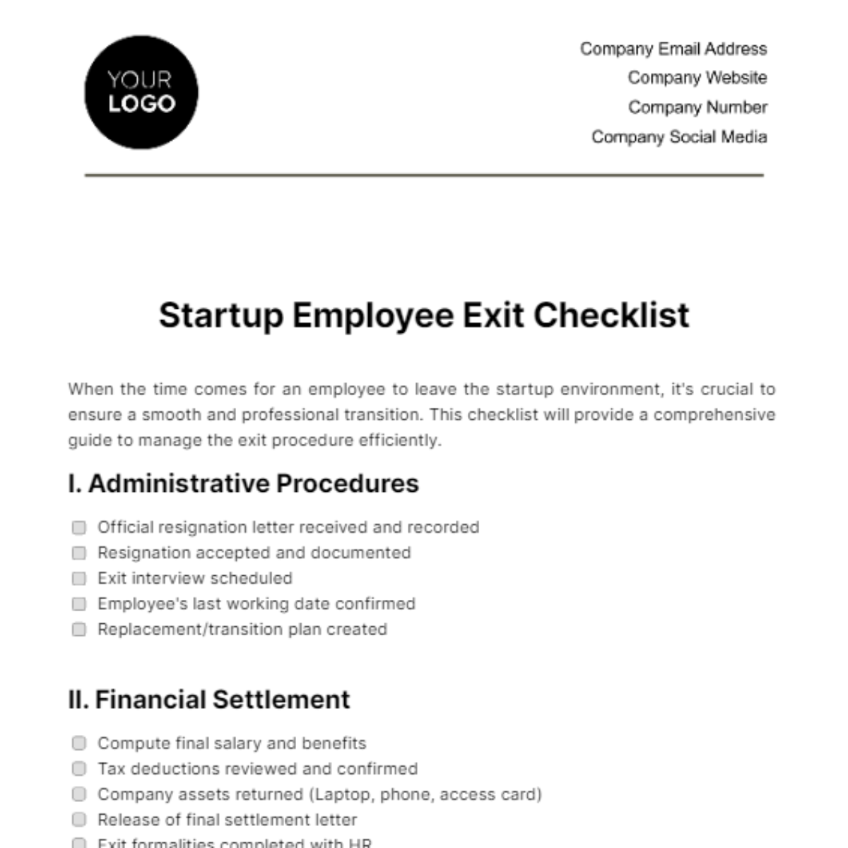 Startup Employee Exit Checklist Template
