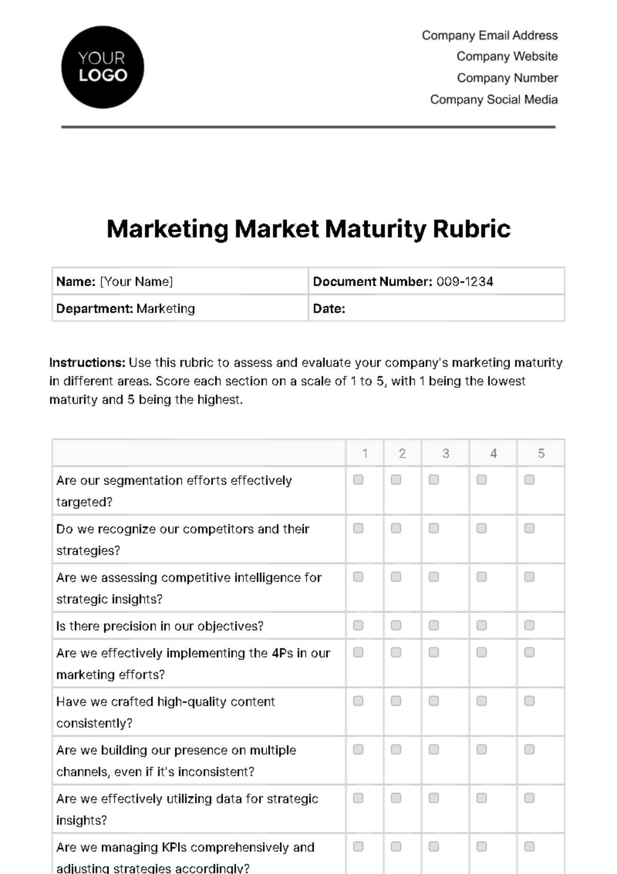 Free Marketing Market Maturity Rubric Template