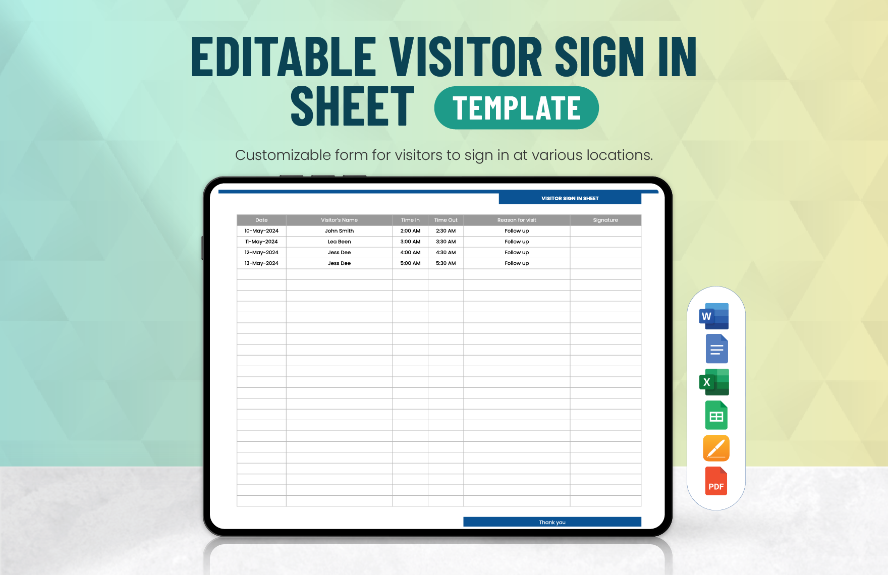 Editable Visitor Sign In Sheet Template