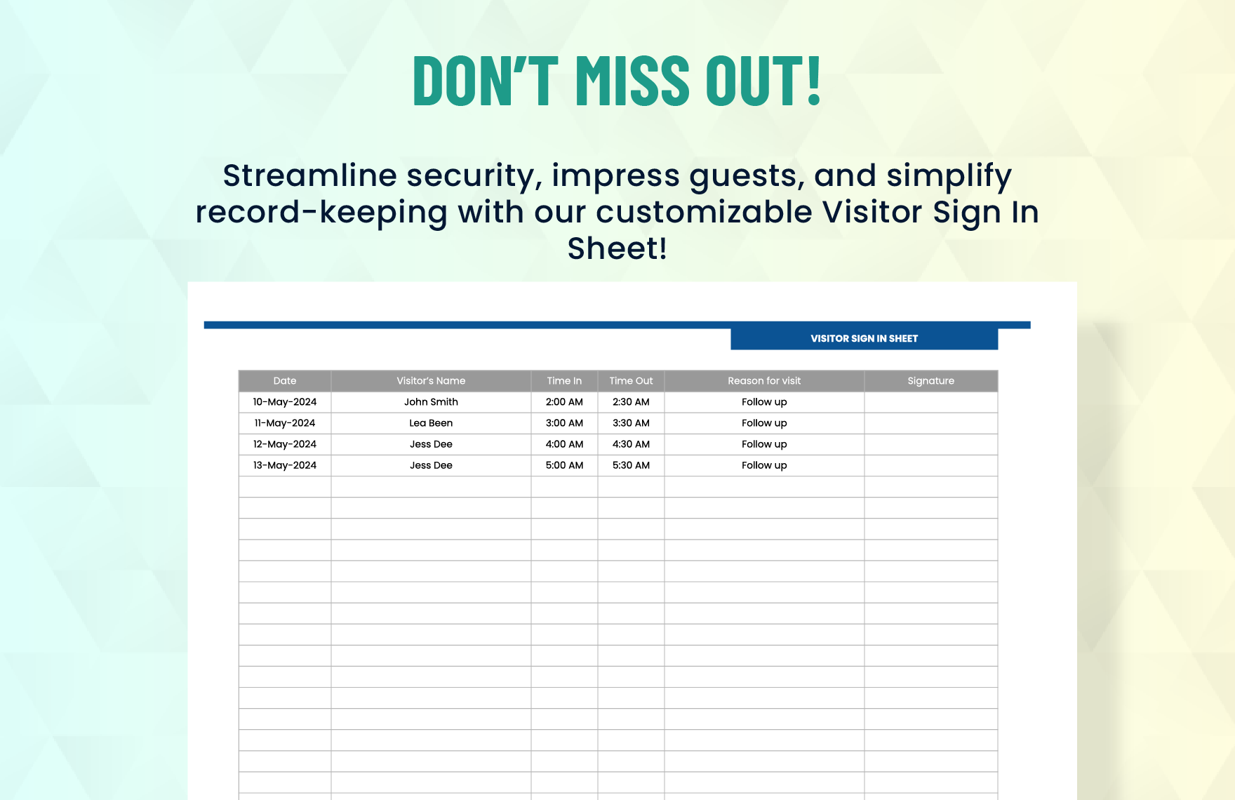 Editable Visitor Sign In Sheet Template