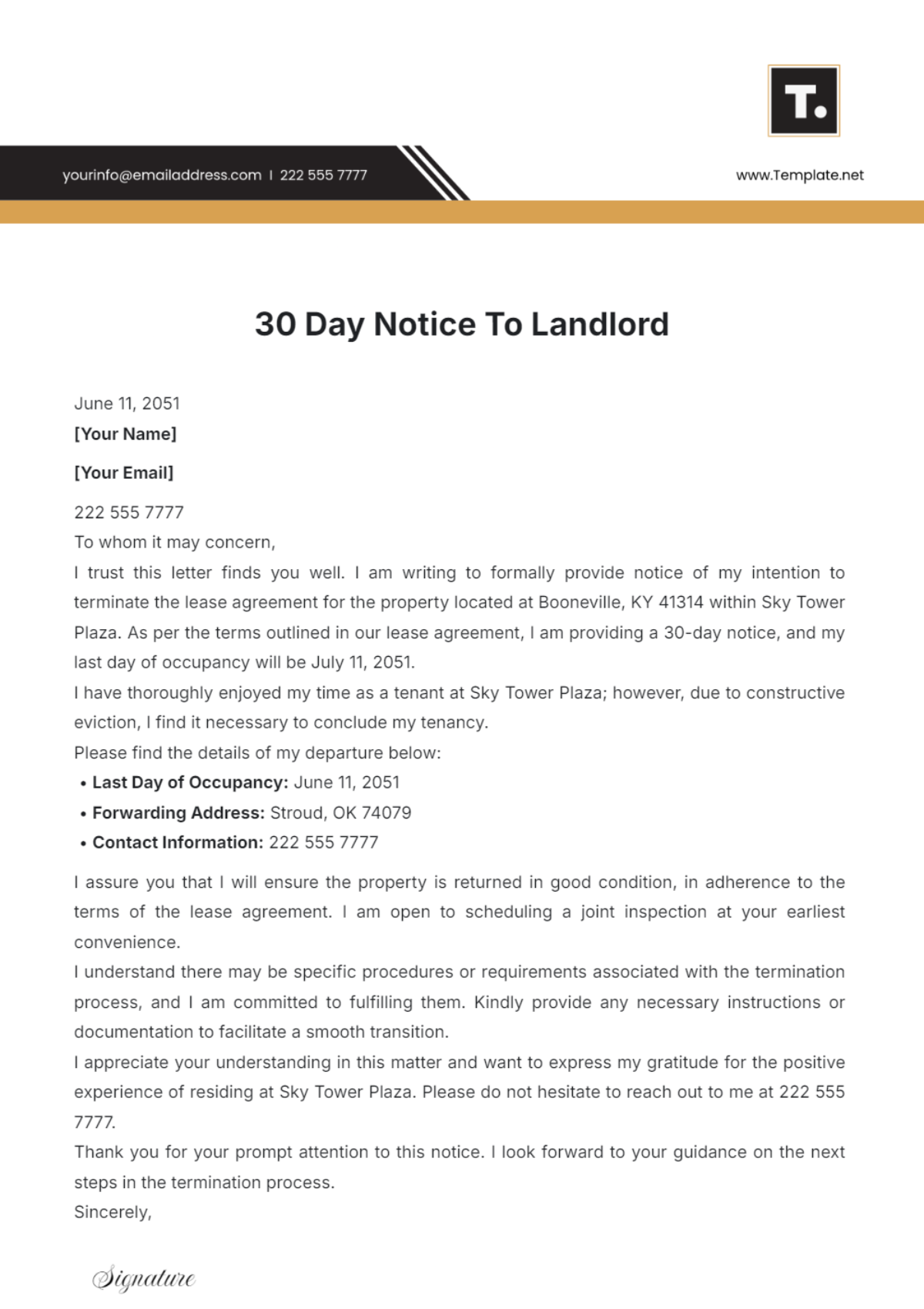 Free 30 Day Notice to Landlord Template