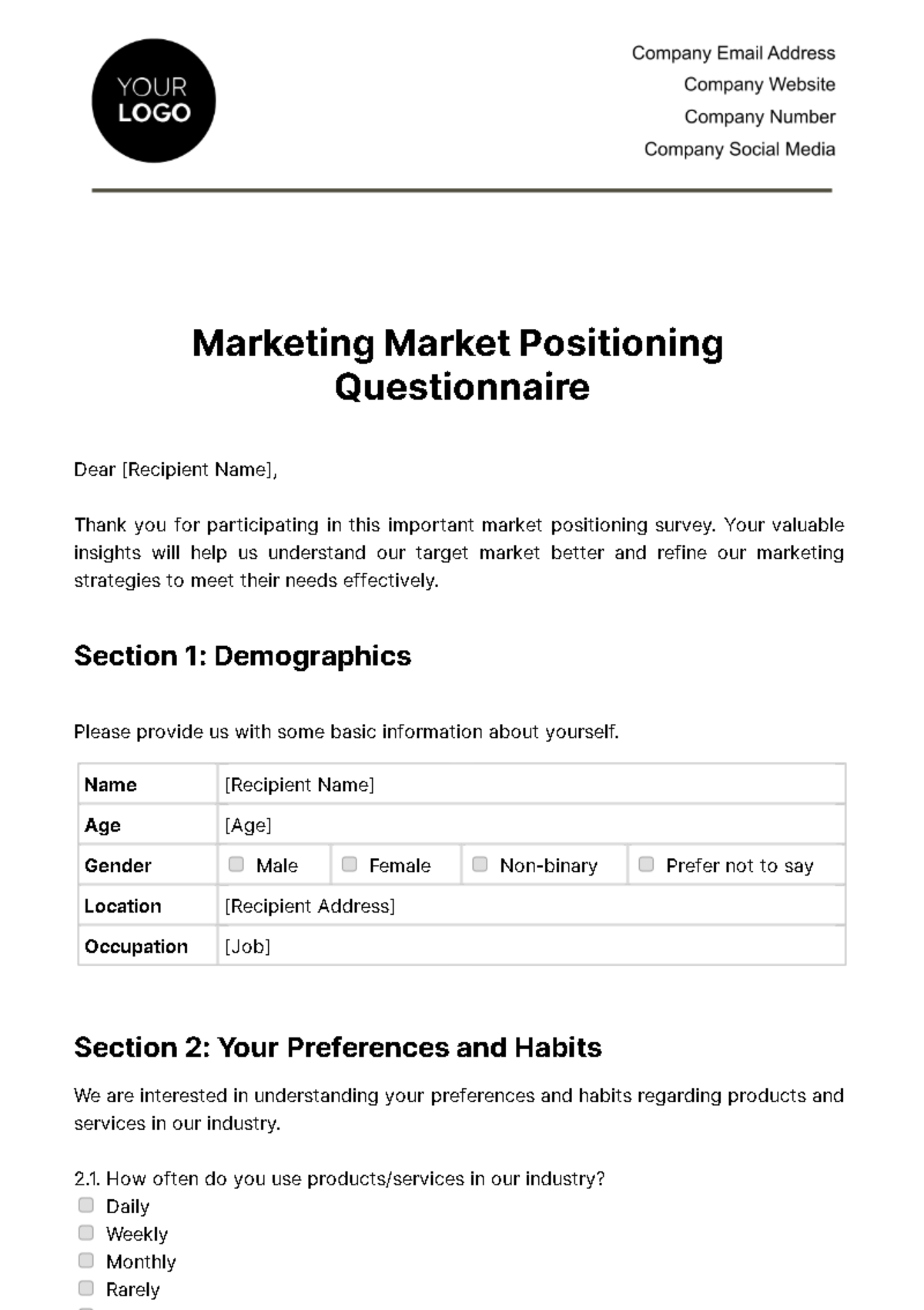 Free Marketing Market Positioning Questionnaire Template