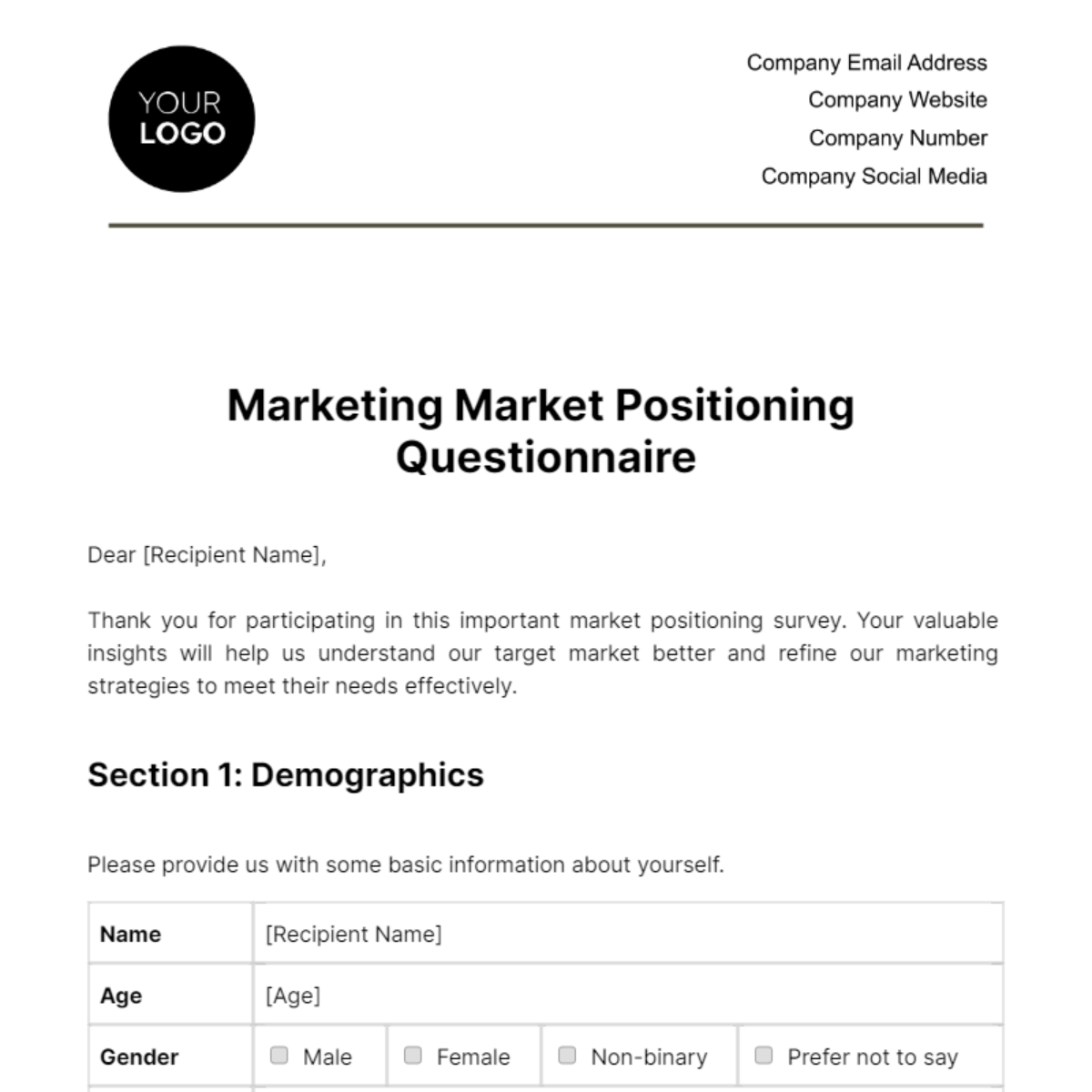 Marketing Market Positioning Questionnaire Template