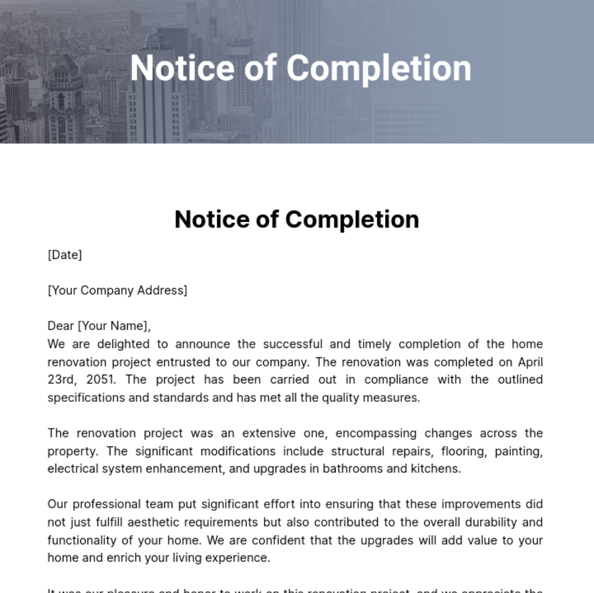 Free Notice Of Completion Template to Edit Online