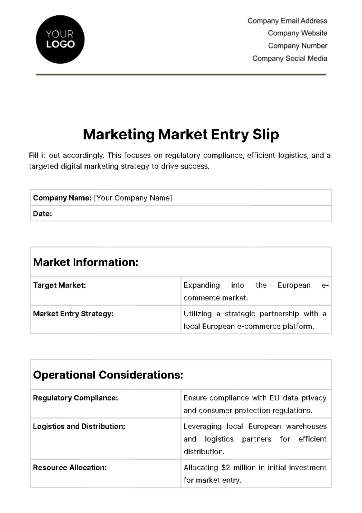 Free Marketing Market Entry Slip Template