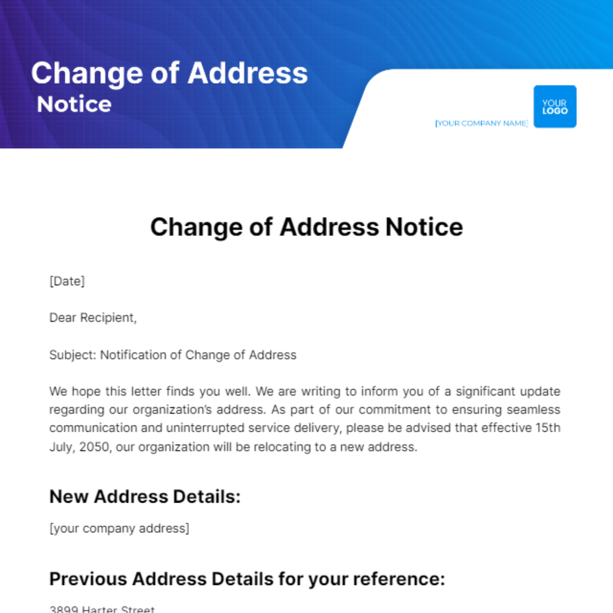Change Of Address Notice Template